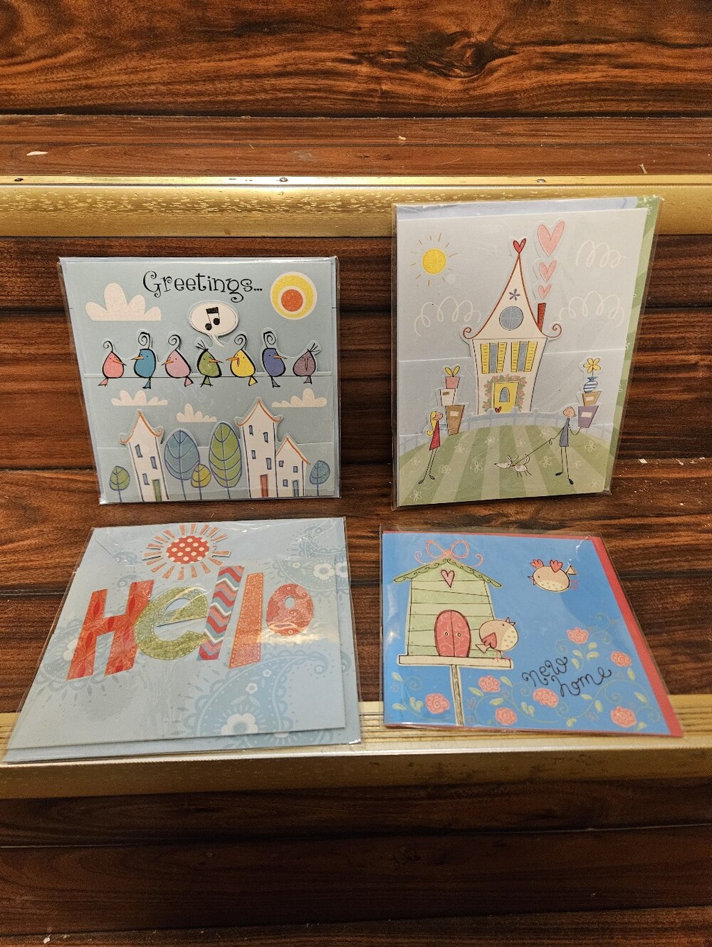 4 Designer Greetings Cards Set Birdhouse Whimsical Birds Village Hello Cute